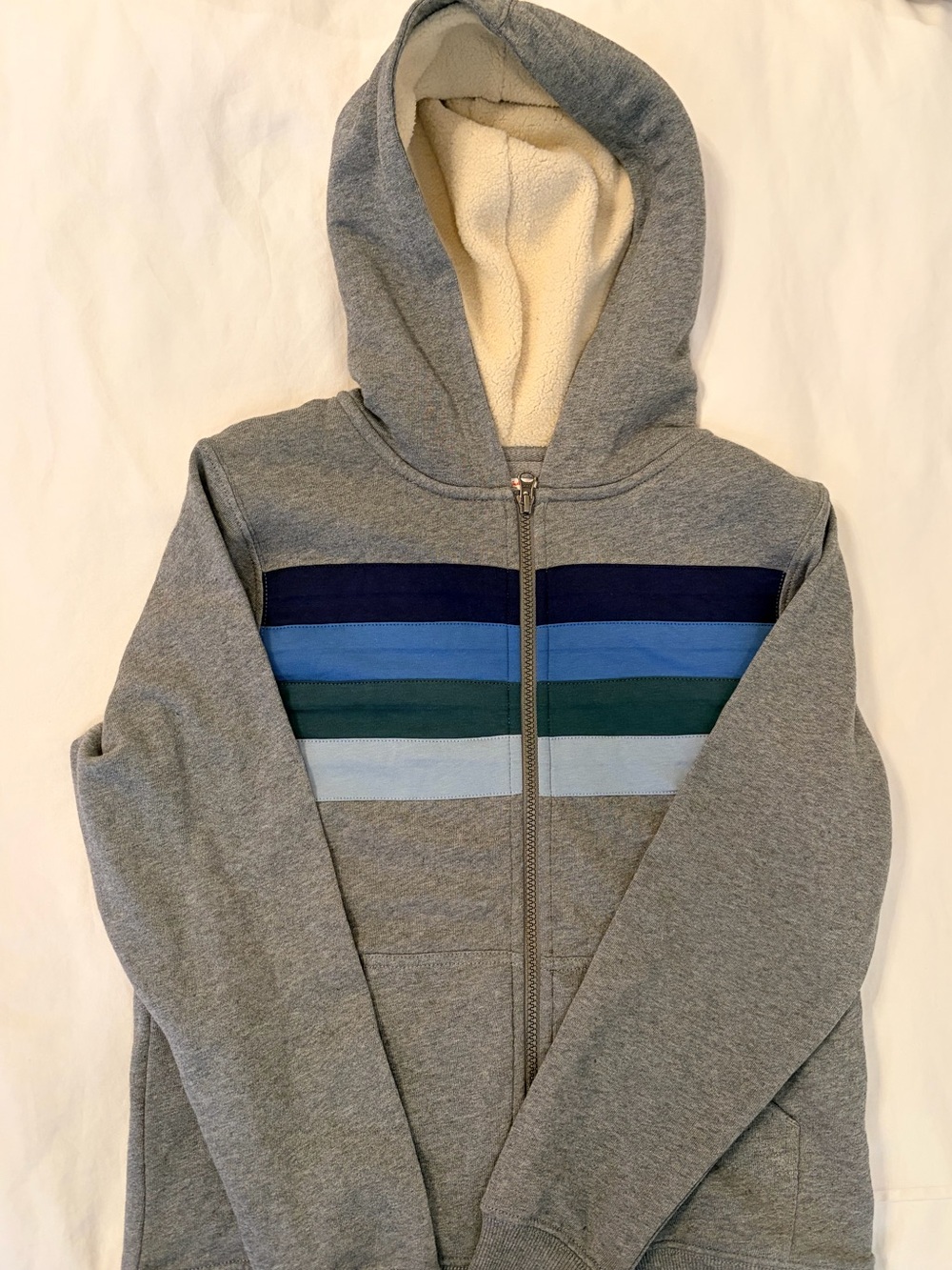 Hanna Andersson Faux Shearling Lined Grey Hoodie with Stripes Youth 12